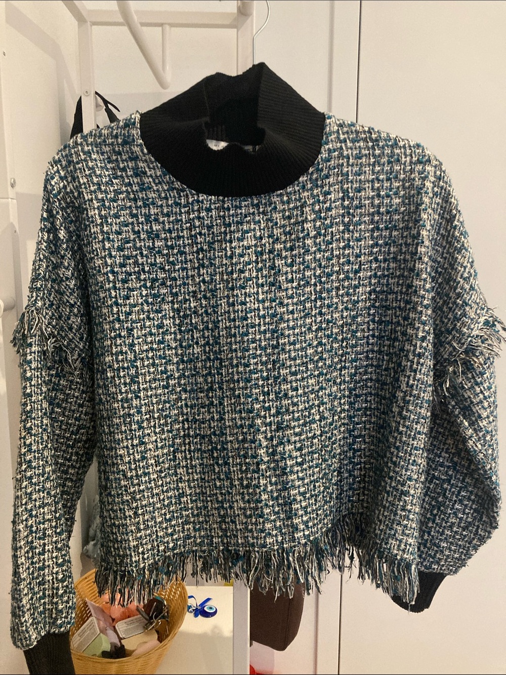 Zara Teal, White & Black Tweed Fringe Mock Neck Sweater